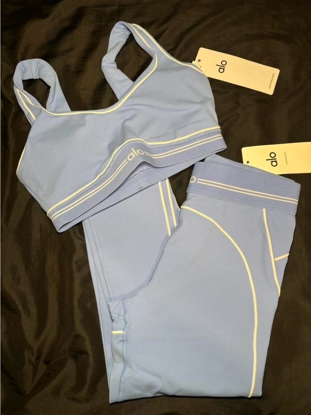 ALO Yoga Light Blue Sports Bra and Legging Set with Cream Piping